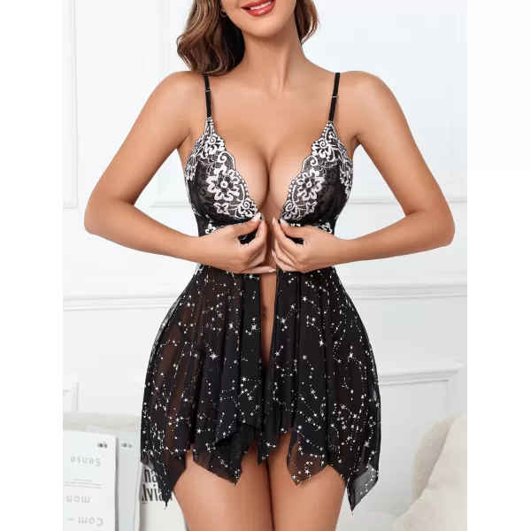 Avidlove Women Lace Lingerie Front Closure Babydoll V Neck Nightwear Sexy Chemise NightieLittle Stars Print