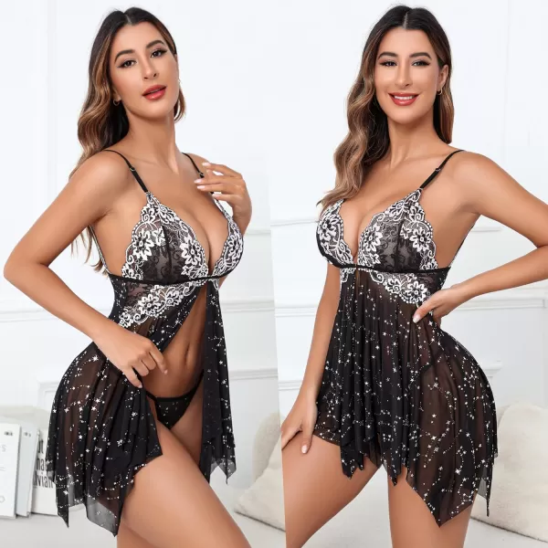 Avidlove Women Lace Lingerie Front Closure Babydoll V Neck Nightwear Sexy Chemise NightieLittle Stars Print