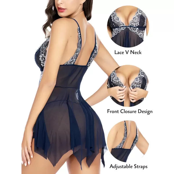 Avidlove Women Lace Lingerie Front Closure Babydoll V Neck Nightwear Sexy Chemise NightieNavy Blue