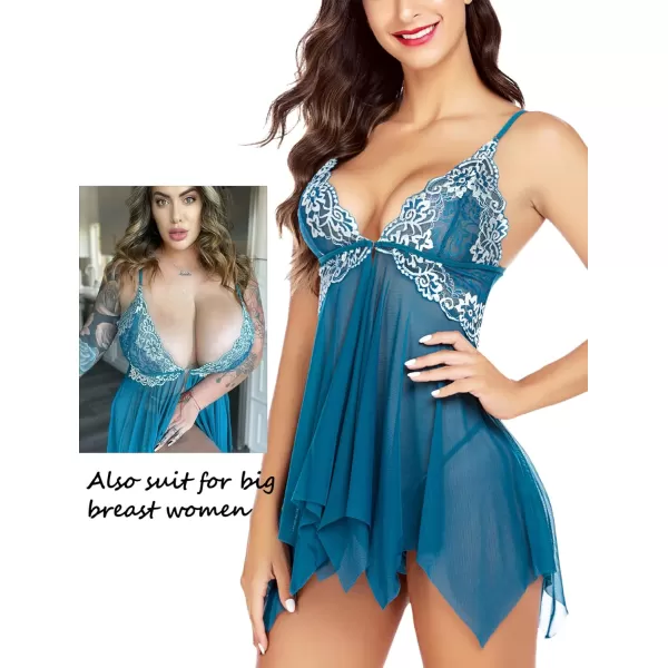 Avidlove Women Lace Lingerie Front Closure Babydoll V Neck Nightwear Sexy Chemise NightiePeacock Blue