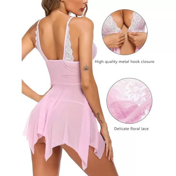 Avidlove Women Lace Lingerie Front Closure Babydoll V Neck Nightwear Sexy Chemise NightiePink