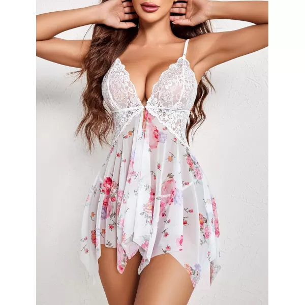 Avidlove Women Lace Lingerie Front Closure Babydoll V Neck Nightwear Sexy Chemise NightiePink Floral