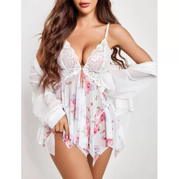 Avidlove Women Lace Lingerie Front Closure Babydoll V Neck Nightwear Sexy Chemise NightiePink Floral