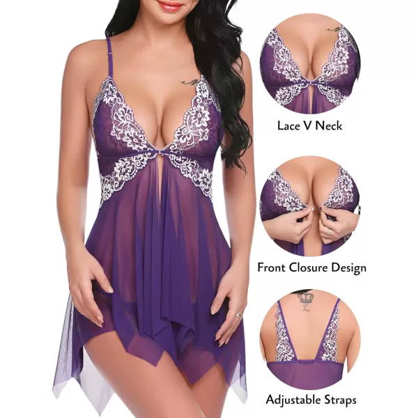 Avidlove Women Lace Lingerie Front Closure Babydoll V Neck Nightwear Sexy Chemise NightiePurple