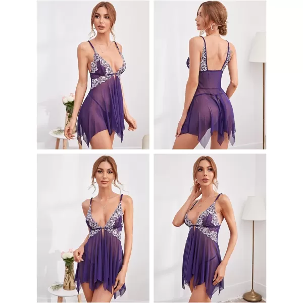 Avidlove Women Lace Lingerie Front Closure Babydoll V Neck Nightwear Sexy Chemise NightiePurple