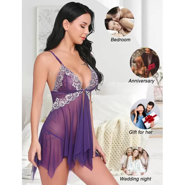 Avidlove Women Lace Lingerie Front Closure Babydoll V Neck Nightwear Sexy Chemise NightiePurple