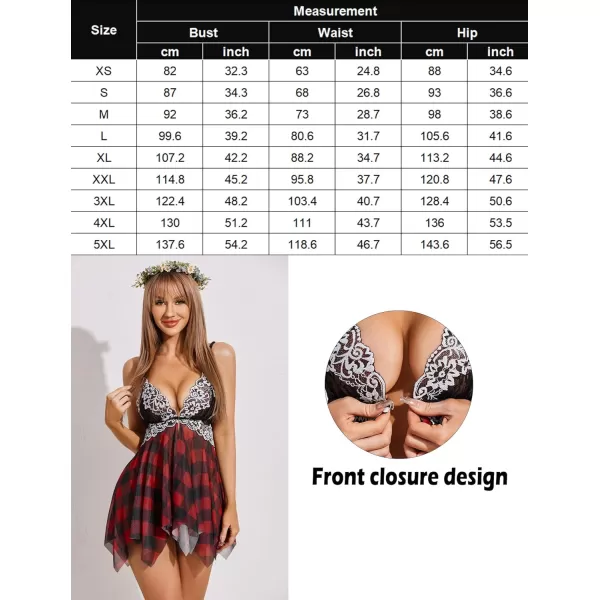 Avidlove Women Lace Lingerie Front Closure Babydoll V Neck Nightwear Sexy Chemise NightieRed Plaid
