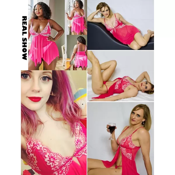 Avidlove Women Lace Lingerie Front Closure Babydoll V Neck Nightwear Sexy Chemise NightieRose Red