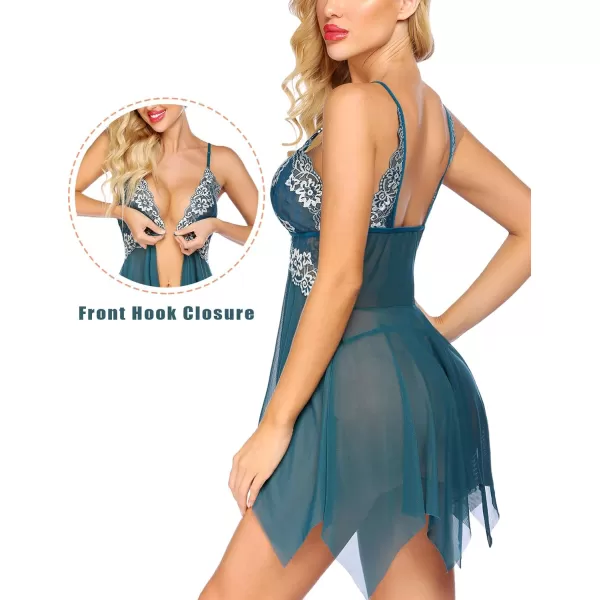 Avidlove Women Lace Lingerie Front Closure Babydoll V Neck Nightwear Sexy Chemise NightieSea Green