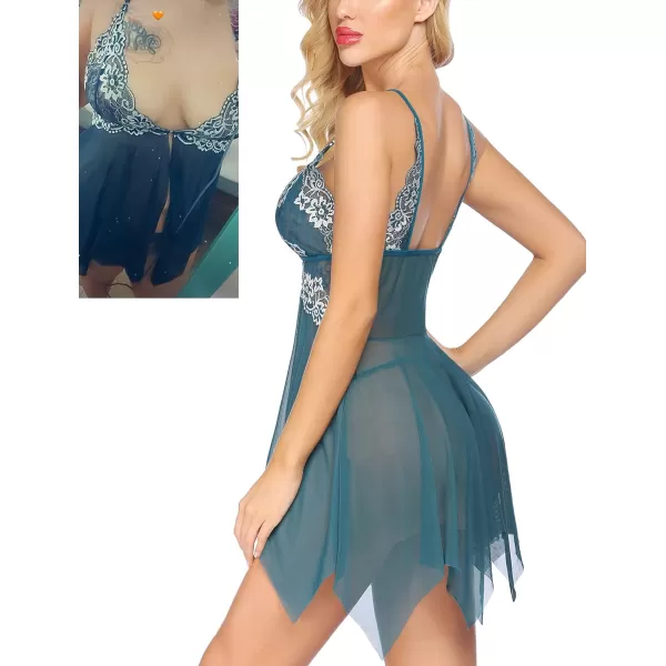 Avidlove Women Lace Lingerie Front Closure Babydoll V Neck Nightwear Sexy Chemise NightieSea Green