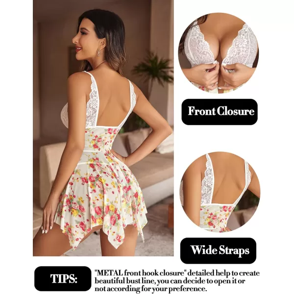 Avidlove Women Lace Lingerie Front Closure Babydoll V Neck Nightwear Sexy Chemise NightieWhite Floral