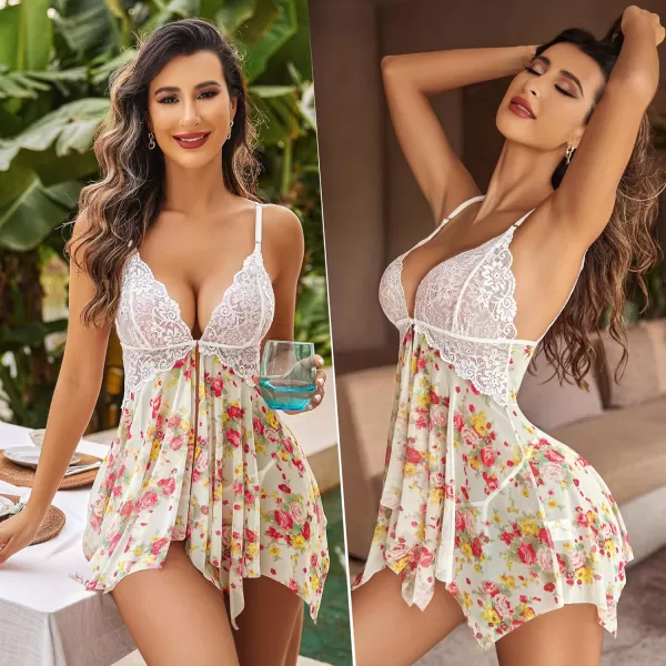 Avidlove Women Lace Lingerie Front Closure Babydoll V Neck Nightwear Sexy Chemise NightieWhite Floral