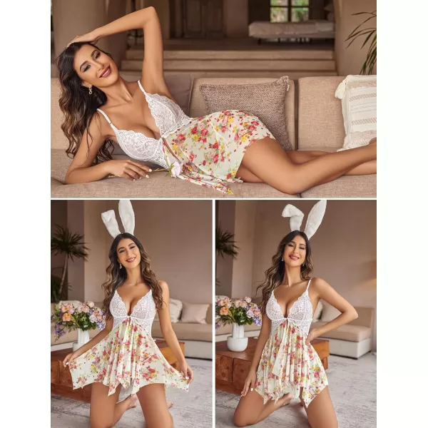 Avidlove Women Lace Lingerie Front Closure Babydoll V Neck Nightwear Sexy Chemise NightieWhite Floral