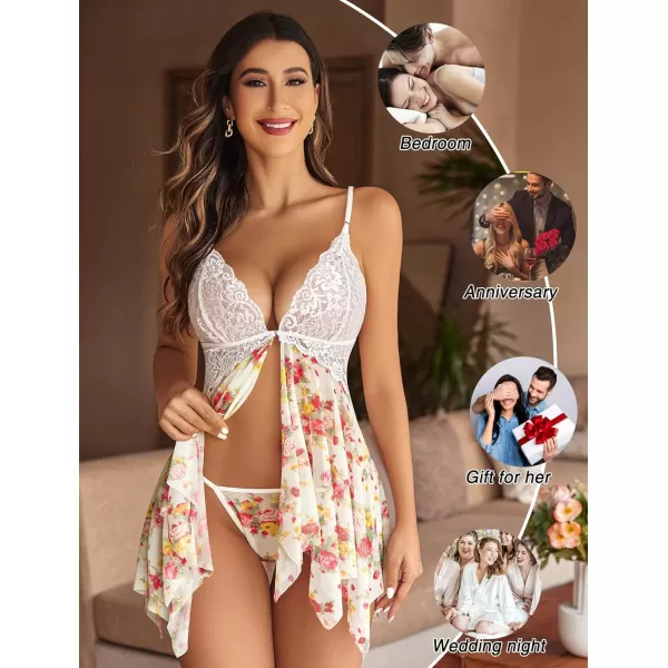 Avidlove Women Lace Lingerie Front Closure Babydoll V Neck Nightwear Sexy Chemise NightieWhite Floral