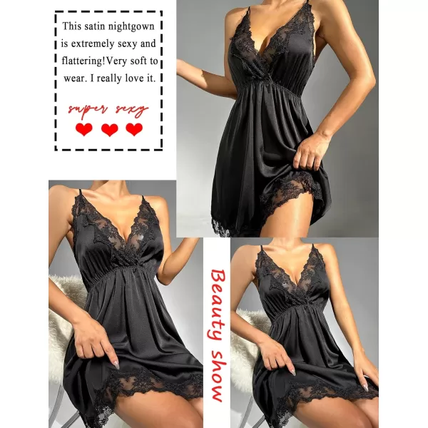 Avidlove Women Lace Nightgown Satin Chemise Sexy Lingerie Dress V Neck Sleepwear Slips NightieBlack