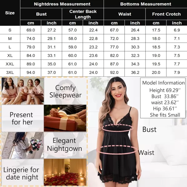 Avidlove Women Lace Nightgown Satin Chemise Sexy Lingerie Dress V Neck Sleepwear Slips NightieBlack