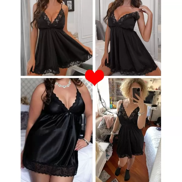 Avidlove Women Lace Nightgown Satin Chemise Sexy Lingerie Dress V Neck Sleepwear Slips NightieBlack