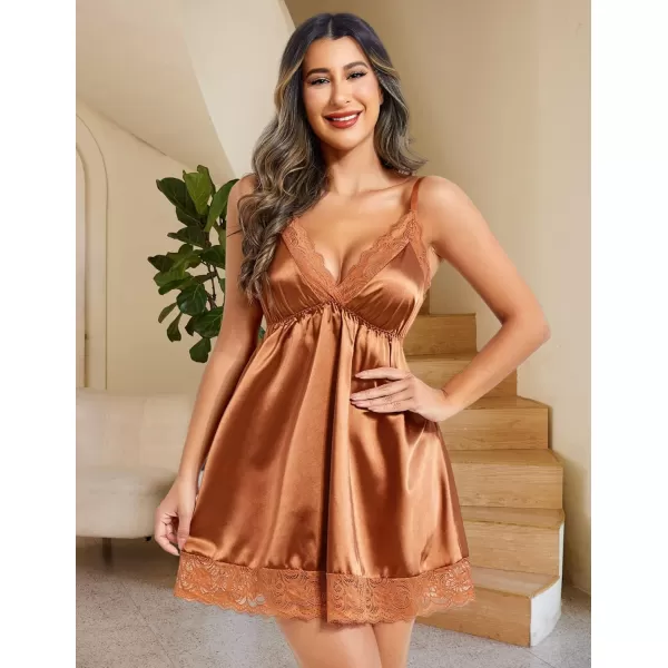 Avidlove Women Lace Nightgown Satin Chemise Sexy Lingerie Dress V Neck Sleepwear Slips NightieBronze