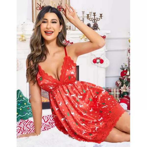 Avidlove Women Lace Nightgown Satin Chemise Sexy Lingerie Dress V Neck Sleepwear Slips NightieChristmas Print