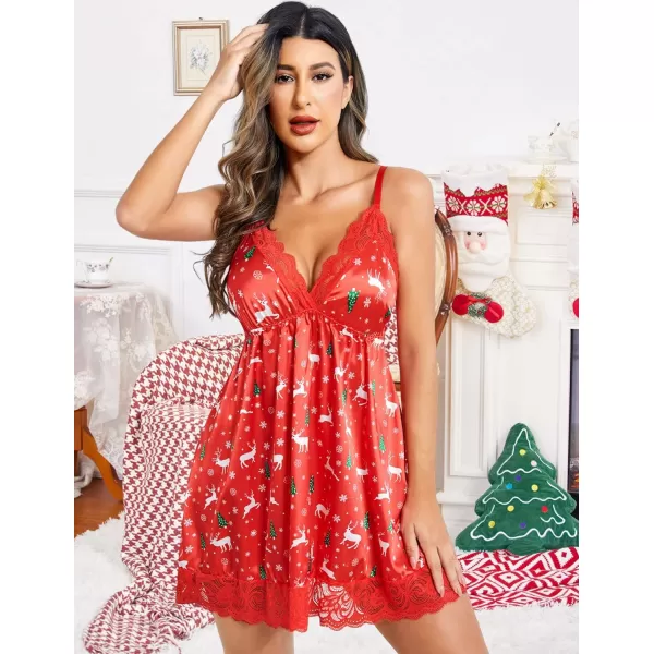 Avidlove Women Lace Nightgown Satin Chemise Sexy Lingerie Dress V Neck Sleepwear Slips NightieChristmas Print