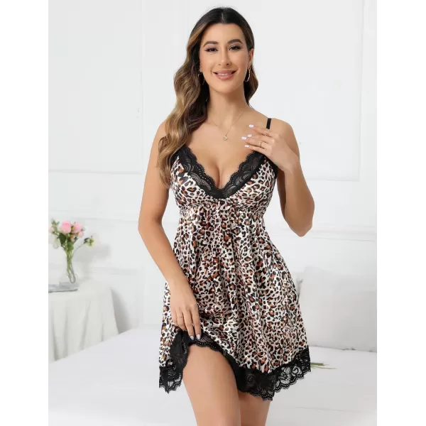 Avidlove Women Lace Nightgown Satin Chemise Sexy Lingerie Dress V Neck Sleepwear Slips NightieLeopard Printed