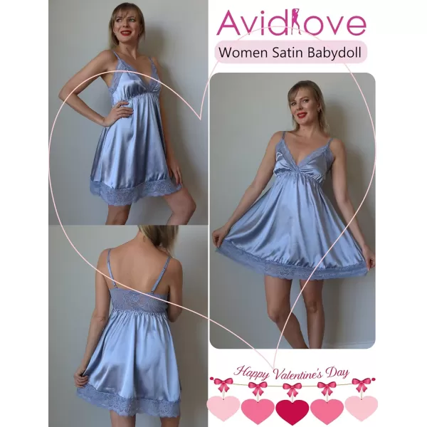 Avidlove Women Lace Nightgown Satin Chemise Sexy Lingerie Dress V Neck Sleepwear Slips NightieLight Blue