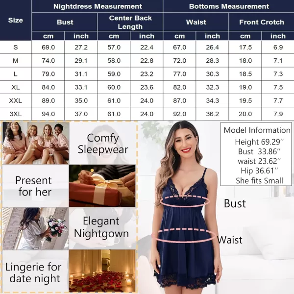 Avidlove Women Lace Nightgown Satin Chemise Sexy Lingerie Dress V Neck Sleepwear Slips NightieNavy Blue