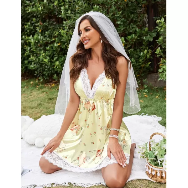 Avidlove Women Lace Nightgown Satin Chemise Sexy Lingerie Dress V Neck Sleepwear Slips NightieRose Printed