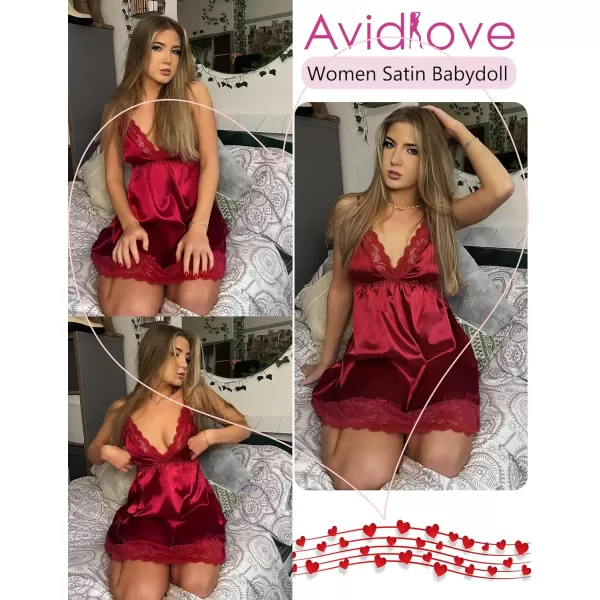 Avidlove Women Lace Nightgown Satin Chemise Sexy Lingerie Dress V Neck Sleepwear Slips NightieWine Red