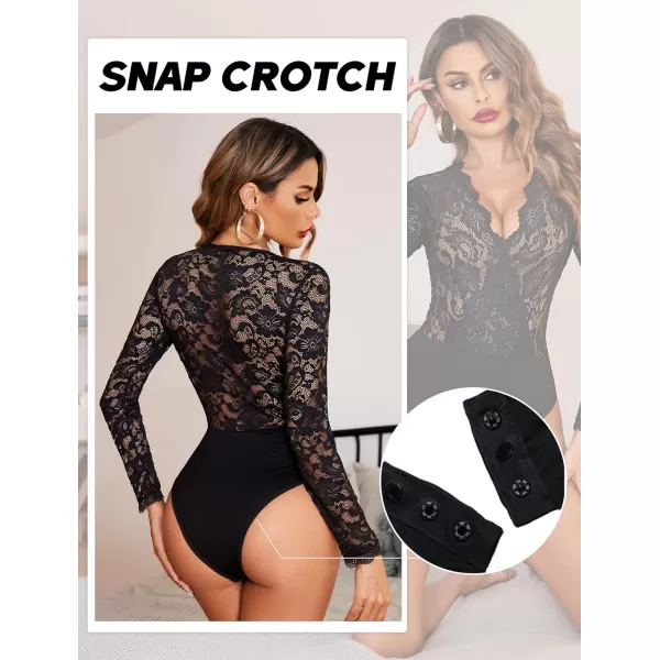 Avidlove Women Lace Short Sleeve Bodysuit Sexy Deep V Snap Crotch Leotard Tops SXXLLong Sleeve Blackwith Snap Crotch