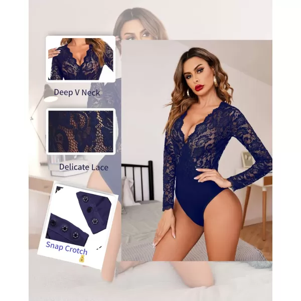 Avidlove Women Lace Short Sleeve Bodysuit Sexy Deep V Snap Crotch Leotard Tops SXXLLong Sleeve Navy Bluewith Snap Crotch