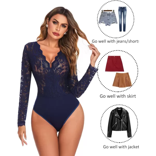 Avidlove Women Lace Short Sleeve Bodysuit Sexy Deep V Snap Crotch Leotard Tops SXXLLong Sleeve Navy Bluewith Snap Crotch