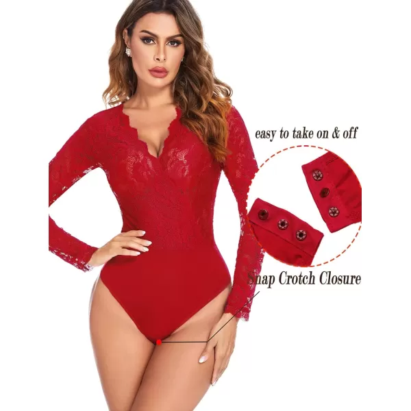 Avidlove Women Lace Short Sleeve Bodysuit Sexy Deep V Snap Crotch Leotard Tops SXXLLong Sleeve Redwith Snap Crotch