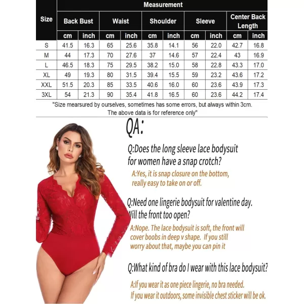 Avidlove Women Lace Short Sleeve Bodysuit Sexy Deep V Snap Crotch Leotard Tops SXXLLong Sleeve Redwith Snap Crotch