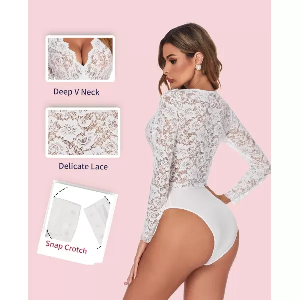 Avidlove Women Lace Short Sleeve Bodysuit Sexy Deep V Snap Crotch Leotard Tops SXXLLong Sleeve Whitewith Snap Crotch