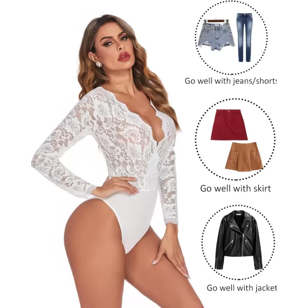 Avidlove Women Lace Short Sleeve Bodysuit Sexy Deep V Snap Crotch Leotard Tops SXXLLong Sleeve Whitewith Snap Crotch