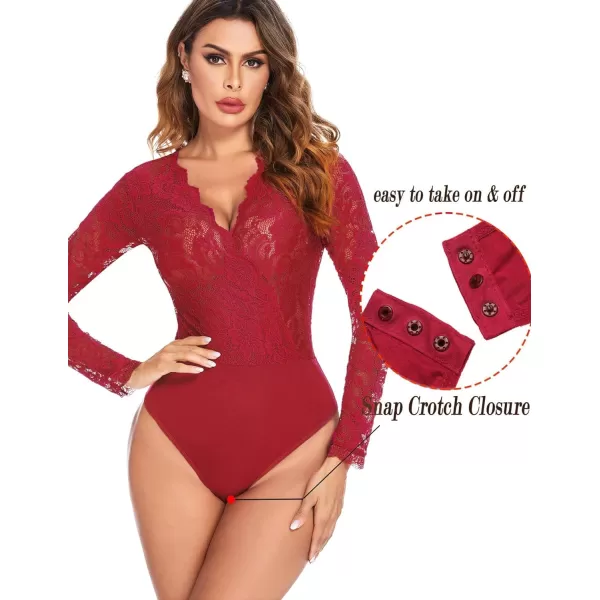 Avidlove Women Lace Short Sleeve Bodysuit Sexy Deep V Snap Crotch Leotard Tops SXXLLong Sleeve Wine Redwith Snap Crotch