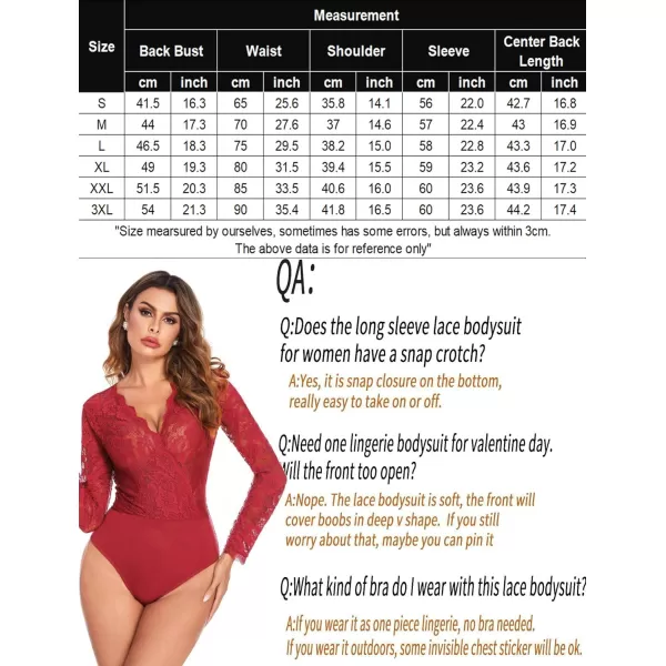 Avidlove Women Lace Short Sleeve Bodysuit Sexy Deep V Snap Crotch Leotard Tops SXXLLong Sleeve Wine Redwith Snap Crotch