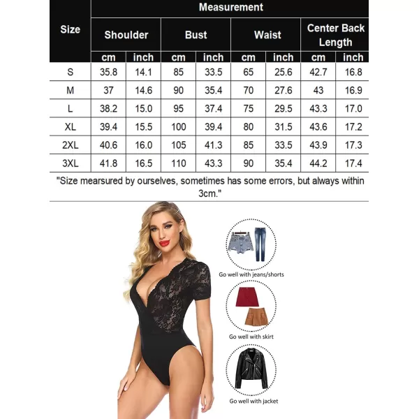 Avidlove Women Lace Short Sleeve Bodysuit Sexy Deep V Snap Crotch Leotard Tops SXXLShort Sleeve Ablackwith Snap Crotch