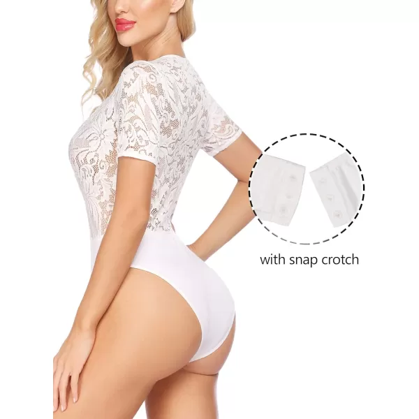 Avidlove Women Lace Short Sleeve Bodysuit Sexy Deep V Snap Crotch Leotard Tops SXXLShort Sleeve Awhitewith Snap Crotch