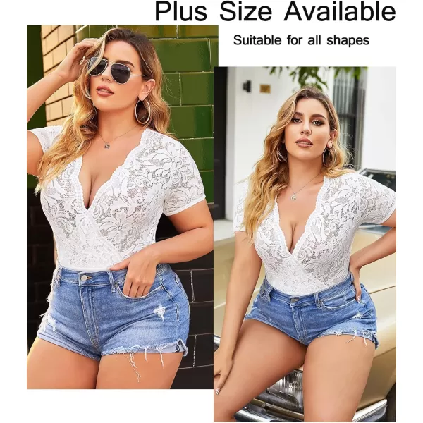 Avidlove Women Lace Short Sleeve Bodysuit Sexy Deep V Snap Crotch Leotard Tops SXXLShort Sleeve Awhitewith Snap Crotch