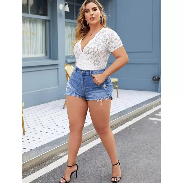 Avidlove Women Lace Short Sleeve Bodysuit Sexy Deep V Snap Crotch Leotard Tops SXXLShort Sleeve Awhitewith Snap Crotch