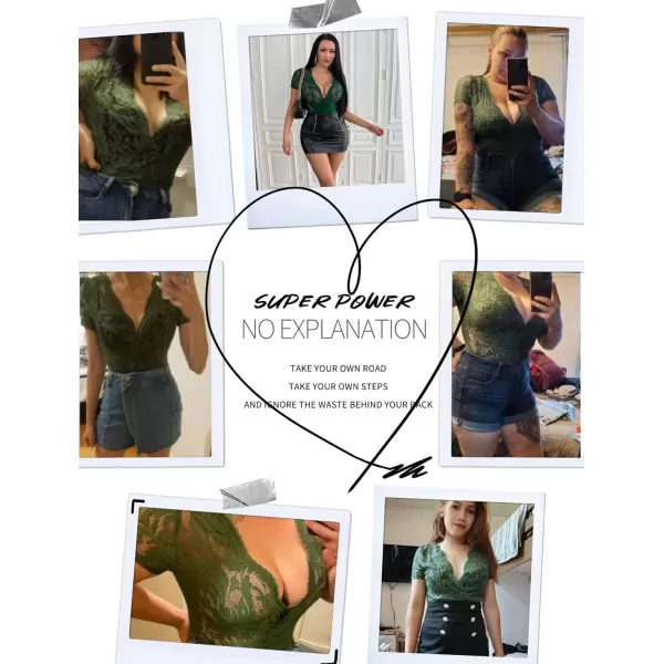 Avidlove Women Lace Short Sleeve Bodysuit Sexy Deep V Snap Crotch Leotard Tops SXXLShort Sleeve Dark Greenwith Snap Crotch