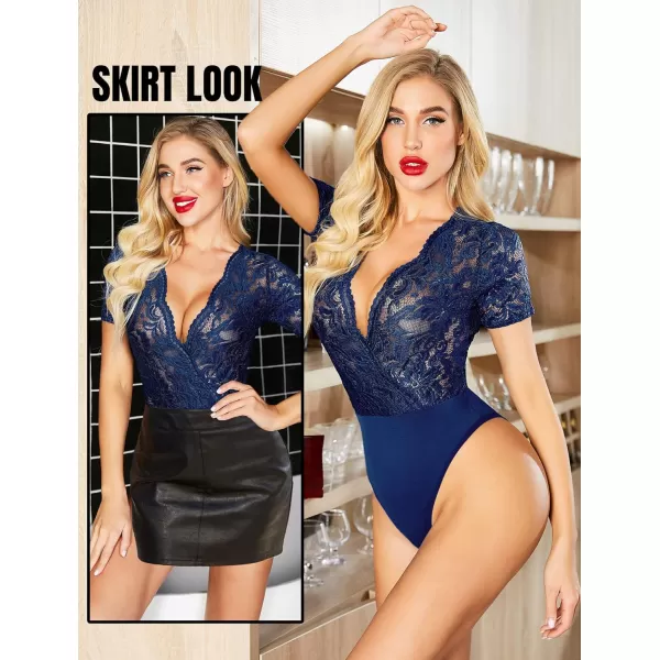 Avidlove Women Lace Short Sleeve Bodysuit Sexy Deep V Snap Crotch Leotard Tops SXXLShort Sleeve Navy Bluewith Snap Crotch