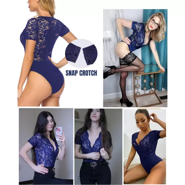 Avidlove Women Lace Short Sleeve Bodysuit Sexy Deep V Snap Crotch Leotard Tops SXXLShort Sleeve Navy Bluewith Snap Crotch