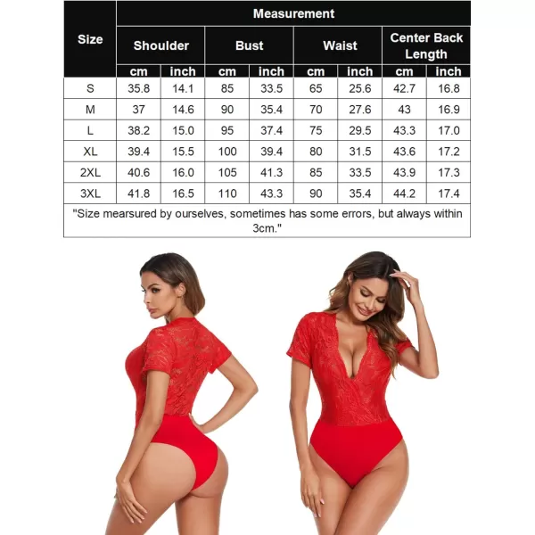 Avidlove Women Lace Short Sleeve Bodysuit Sexy Deep V Snap Crotch Leotard Tops SXXLShort Sleeve Redwith Snap Crotch