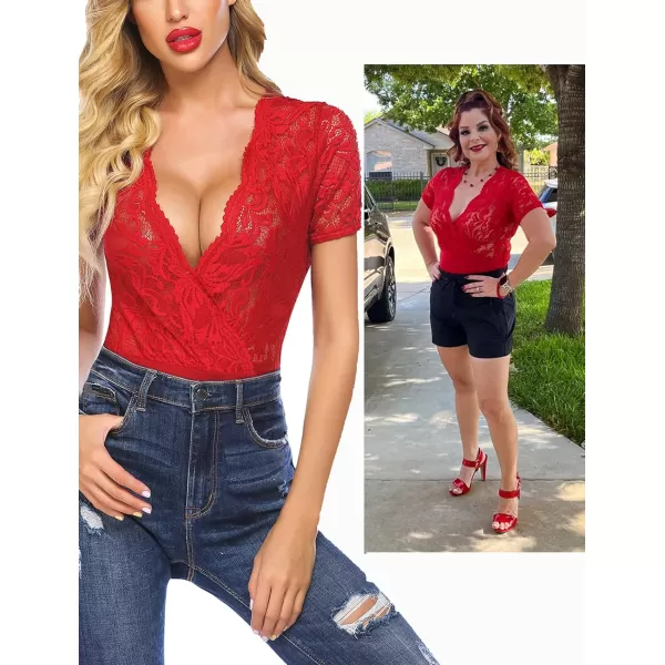 Avidlove Women Lace Short Sleeve Bodysuit Sexy Deep V Snap Crotch Leotard Tops SXXLShort Sleeve Redwith Snap Crotch