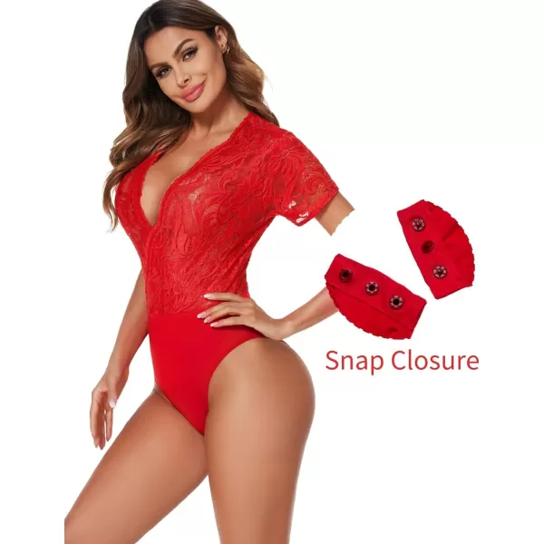 Avidlove Women Lace Short Sleeve Bodysuit Sexy Deep V Snap Crotch Leotard Tops SXXLShort Sleeve Redwith Snap Crotch