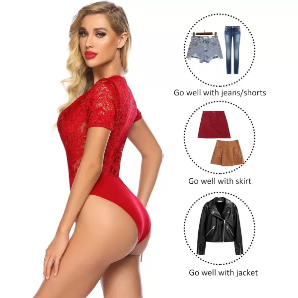 Avidlove Women Lace Short Sleeve Bodysuit Sexy Deep V Snap Crotch Leotard Tops SXXLShort Sleeve Redwith Snap Crotch