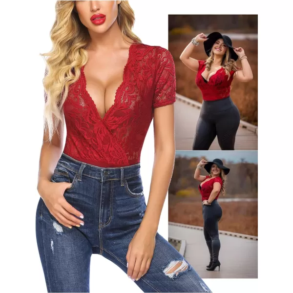 Avidlove Women Lace Short Sleeve Bodysuit Sexy Deep V Snap Crotch Leotard Tops SXXLShort Sleeve Wine Redwith Snap Crotch